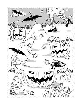Halloween coloring page with little witch chasing her hat, pumpkins, bats, spider

