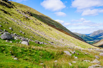 Kirkstone Pass viewpoint towards Ullswater in the Lake District, England.