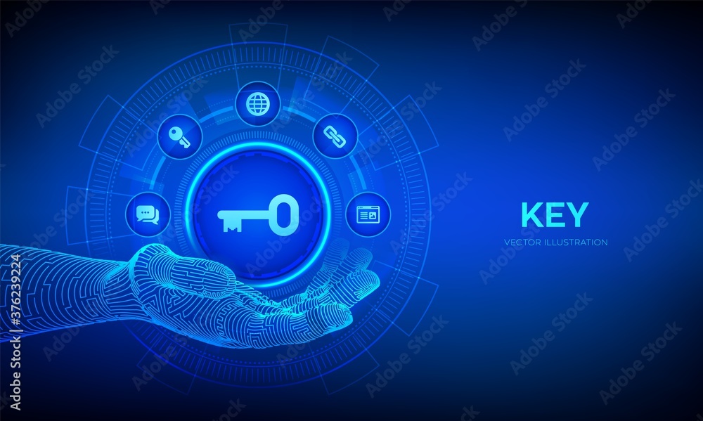 Poster key icon in robotic hand. keyword. key to success or solution. turnkey solution and services technol