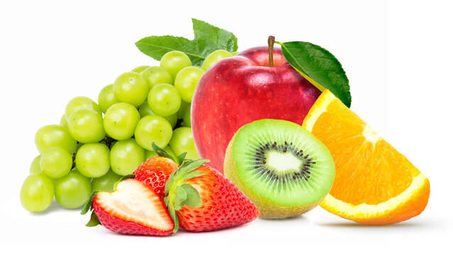 Fresh organic fruit ( red berry strawberry, red apple, green grape, kiwi and orange fruit ) isolated on white