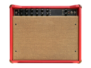 Isolated red leather and brown control panel vintage electric guitar USA style boutique amplifier on white background with clipping path. Popular amp in clean music. front view photo.