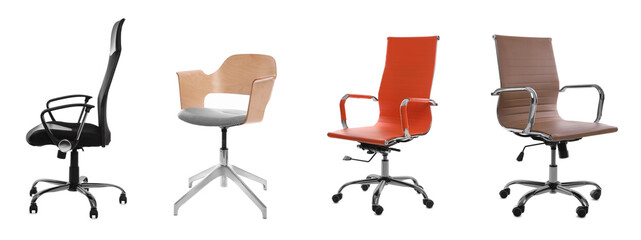 Set of different office chairs on white background. Banner design