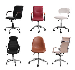 Set of different office chairs on white background