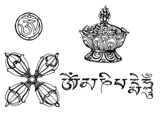 Tubetan simbols, vagra, title om many padme hum,  black and white isolated on white background illustration of a decorative ornament