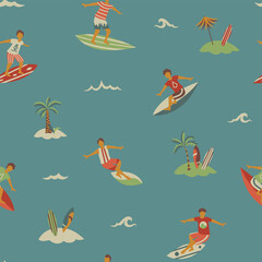 Surfers on sea waves seamless pattern in retro colors