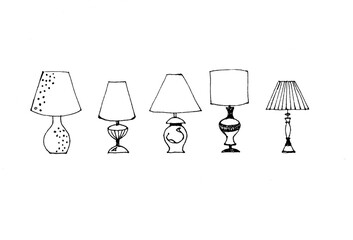 Hand drawn dset of lamps in a line isolated on white background