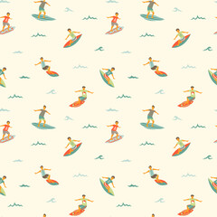 Surfers on surfboards in sea waves retro seamless pattern on white background 