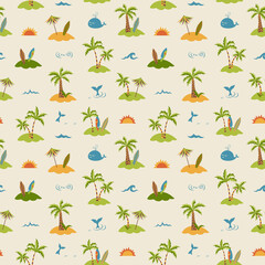 Sea summer seamless pattern with palm trees and surfboards in retro style