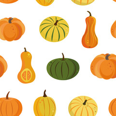 A seamless pattern of colorful pumpkins in a flat style on a white  background. Perfect for autumn wrapping paper, screensavers, textiles, Halloween card, wallpapers, 