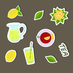 A set of stickers. Summer drinks. Lemonade, tea, lemons