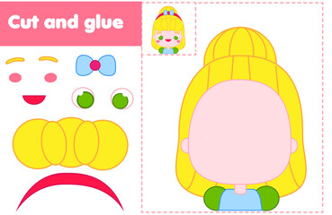 Cut and paste children educational game. Paper cutting activity. Make a princess with glue and scissors. DIY worksheet