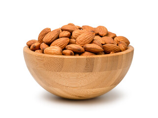 Fresh almonds nut in wooden bowl isolated on white background  with clipping path.
