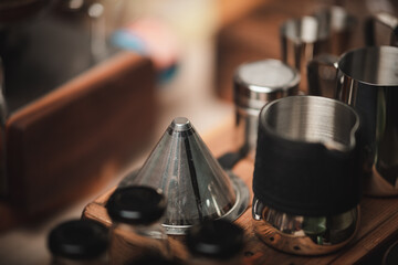 Fototapeta na wymiar kits set of coffee drip filter showing in cafe