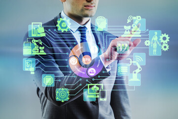 Businessman pressing buttons in RPA concept