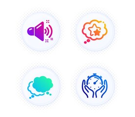 Loud sound, Ranking stars and Speech bubble icons simple set. Button with halftone dots. Timer sign. Music, Winner award, Chat message. Deadline management. Education set. Vector