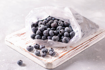 Frozen blueberries in a plastic bag. Frozen berries