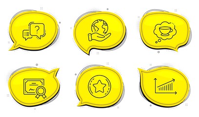 Loyalty star sign. Diploma certificate, save planet chat bubbles. Coffee cup, Chart and Question mark line icons set. Think bubble, Presentation chart, Quiz chat. Bonus reward. Business set. Vector