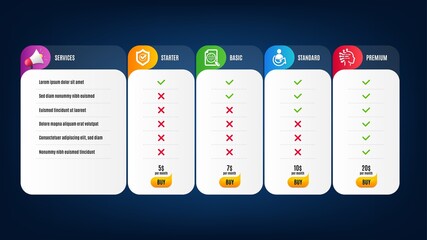 Approved shield, Analytics chart and Share icons simple set. Price list, pricing table. Artificial intelligence sign. Protection, Report analysis, Referral person. Mind intellect. Vector