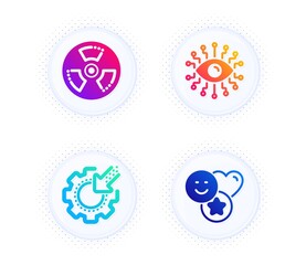 Artificial intelligence, Seo gear and Chemical hazard icons simple set. Button with halftone dots. Smile sign. All-seeing eye, Cogwheel, Toxic. Social media likes. Technology set. Vector