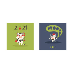 Christmas and new year cards with symbols of the new year of the bull and winter holidays. Can be used for banners, greeting cards, gifts, etc. Holiday card, with Christmas tree and winter holiday