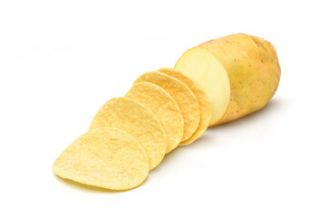 Crispy potato chips snack flat cut with fresh potato cut in half isolated on white background.