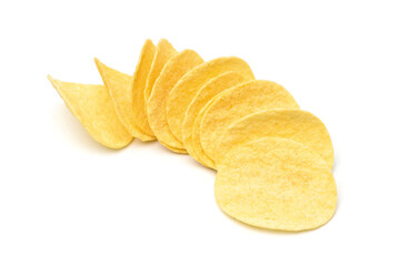Row of Crispy potato chips snack flat cut isolated on white background.