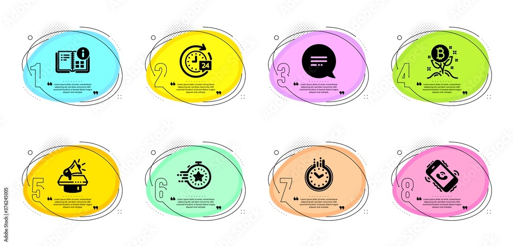 Poster time, call center and timer signs. timeline infographic. bitcoin project, megaphone and instruction 