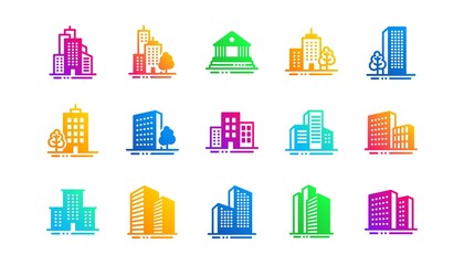 Bank, Hotel, Courthouse. Buildings icons. City, Real estate, Architecture buildings icons. Hospital, town house, museum. Urban architecture, city skyscraper. Classic set. Gradient patterns. Vector