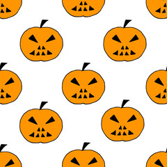Simple vector seamless pattern for Halloween holiday design. Orange pumpkin jack on a white background. For textile products, packaging paper.
