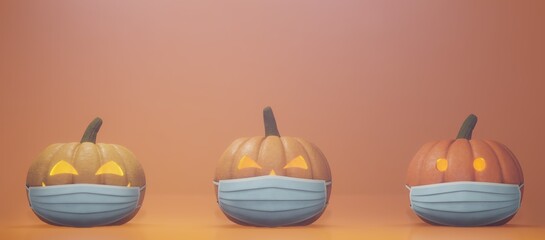 Halloween concept with corona virus prevention. 3D images of a jack-o-lantern with a mask on it. 