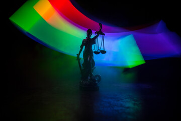 The Statue of Justice - lady justice or Iustitia / Justitia the Roman goddess of Justice on a dark...