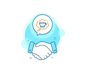 Hot cappuccino sign. Handshake deal complex icon. Coffee cup line icon. Speech bubble symbol. Agreement shaking hands banner. Coffee cup sign. Vector