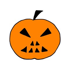 Hand-drawn color simple vector drawing. Orange pumpkin, jack lantern isolated on white background. For a festive Halloween decor.