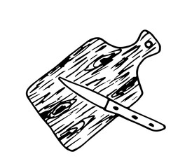 Knife on a wooden kitchen board. Food preparation, cutting. Hand-drawn vector black and white ink drawing.