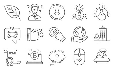 Set of Business icons such as Touchscreen gesture, Employees talk, Scroll down. Diploma, ideas, save planet. Chemistry experiment, Leaf, Support consultant. Coffee, Skyscraper buildings. Vector