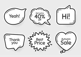 Comic chat bubbles. Autumn sale, 40% discount and best price. Thank you, hi and yeah phrases. Sale shopping text. Chat messages with phrases. Drawing texting thought speech bubbles. Vector