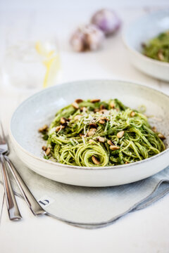 Capellini with pesto & roasted lemon