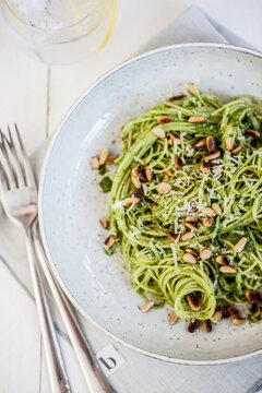 Capellini with pesto & roasted lemon