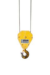 Obraz na płótnie Canvas Yellow cranes hooks hanging on steel ropes isolated on white background. clipping path