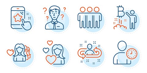 Friendship, Support consultant and Woman love signs. Bitcoin project, Star rating and Time management line icons set. Recruitment, Love symbols. Cryptocurrency startup, Phone feedback. Vector