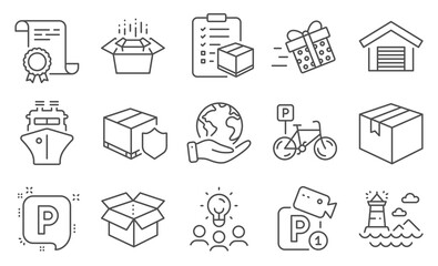 Set of Transportation icons, such as Ship, Lighthouse. Diploma, ideas, save planet. Parking garage, Bicycle parking, Open box. Present delivery, Packing boxes, Delivery insurance. Vector