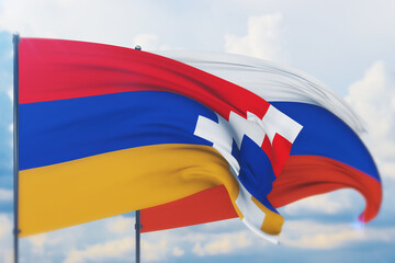 Waving Russian flag and flag of Artsakh. Closeup view, 3D illustration.