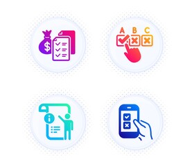 Accounting wealth, Manual doc and Correct checkbox icons simple set. Button with halftone dots. Mobile survey sign. Audit report, Project info, Answer. Phone quiz test. Education set. Vector