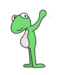 Isolated cute green frog character smiling and standing and saying hello with its hand. Cartoon style vector illustration.