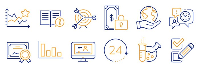 Set of Education icons, such as Facts, Time management. Certificate, save planet. 24 hours, Online video, Ranking stars. Target, Chemistry lab, Private payment. Histogram, Checkbox line icons. Vector