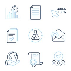 Handout, Quick tips and Chemistry experiment line icons set. Diploma certificate, save planet, group of people. Send mail, File and Report timer signs. Vector