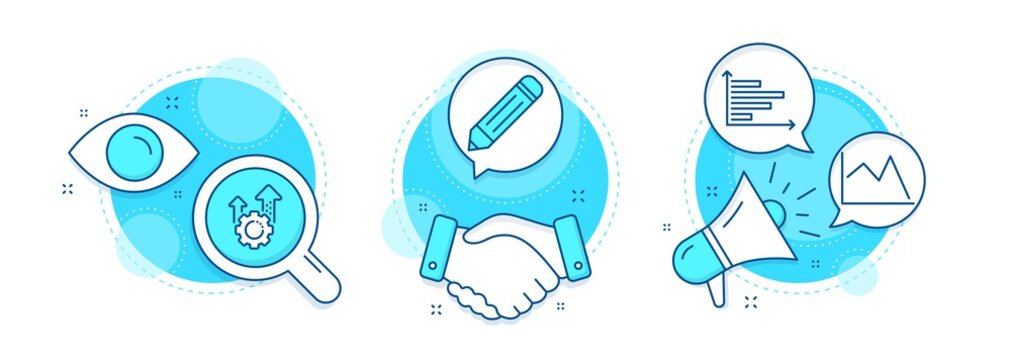 Pencil, Horizontal chart and Line chart line icons set. Handshake deal, research and promotion complex icons. Seo gear sign. Edit data, Presentation graph, Financial graph. Cogwheel. Vector