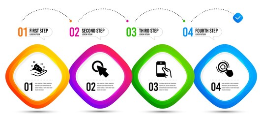 Click here, Hold smartphone and Skin care icons simple set. Timeline infographic. Seo target sign. Push button, Phone call, Hand cream. Click aim. Business set. Vector