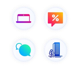 Discount message, Messenger and Laptop icons simple set. Button with halftone dots. Buildings sign. Special offer, Speech bubble, Mobile computer. City architecture. Business set. Vector