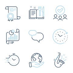 Time change, Jazz and Recipe book line icons set. Diploma certificate, save planet, group of people. Chat message, Report document and Timer signs. Clock, Saxophone, Food. Speech bubble. Vector
